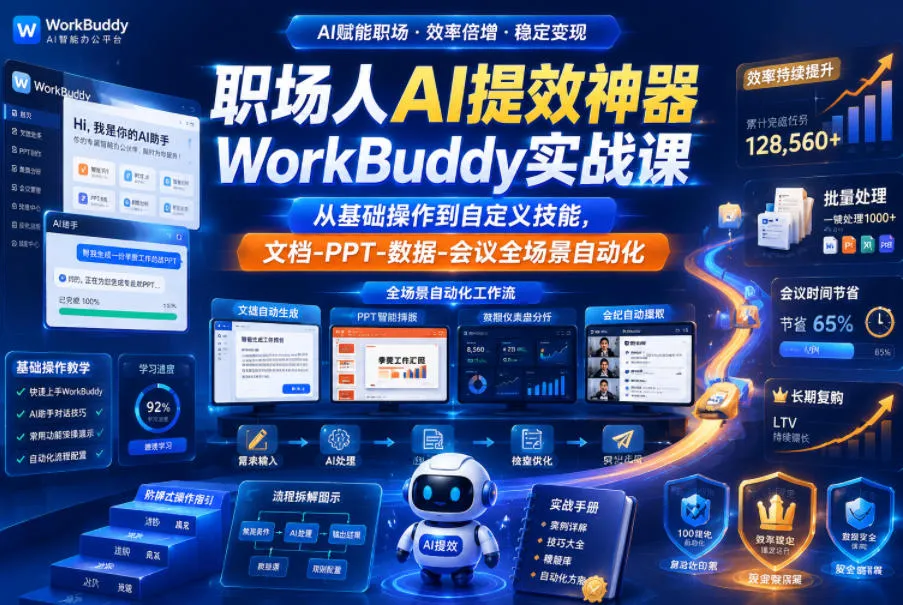 职场人AI提效神器WorkBuddy实战课，从基础操作到自定义技能，文档-PPT-数据-会议全场景自动化-小洋博客-新起点
