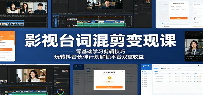 影视台词混剪变现课：零基础学习剪辑技巧，玩转抖音伙伴计划解锁平台双重收益-小洋博客-新起点