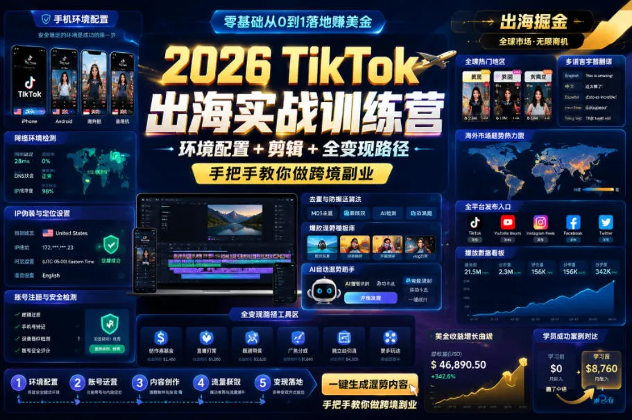 2026 TikTok出海实战训练营，环境配置 + 剪辑 + 全变现路径，手把手教你做跨境副业-小洋博客-新起点