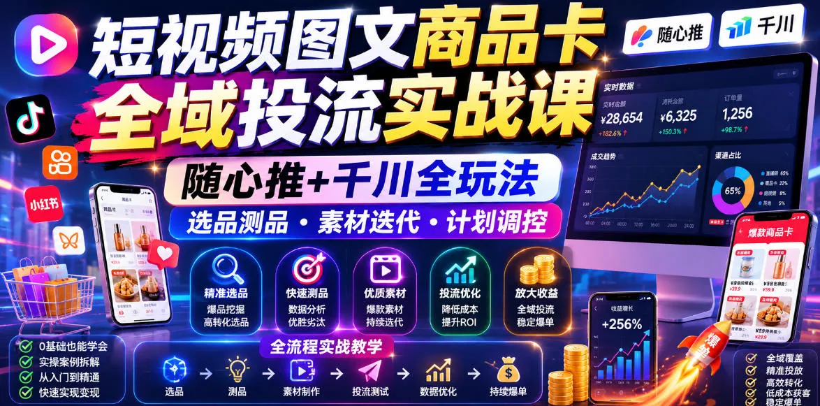 短视频图文商品卡全域投流实战课，随心推+千川全玩法，选品测品・素材迭代・计划调控，提升ROI爆单增收教程-小洋博客-新起点