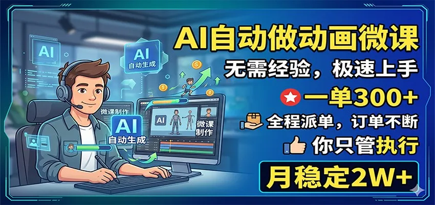 AI自动做动画微课，一单300+，全程派单，你只管执行，月稳定2W+-小洋博客-新起点