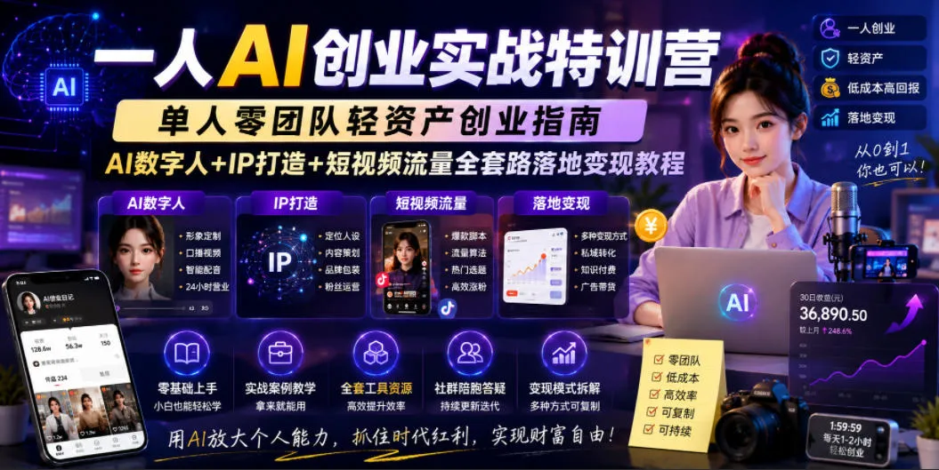 一人AI创业实战特训营，单人零团队轻资产创业指南，AI数字人+IP打造+短视频流量全套路落地变现教程-小洋博客-新起点