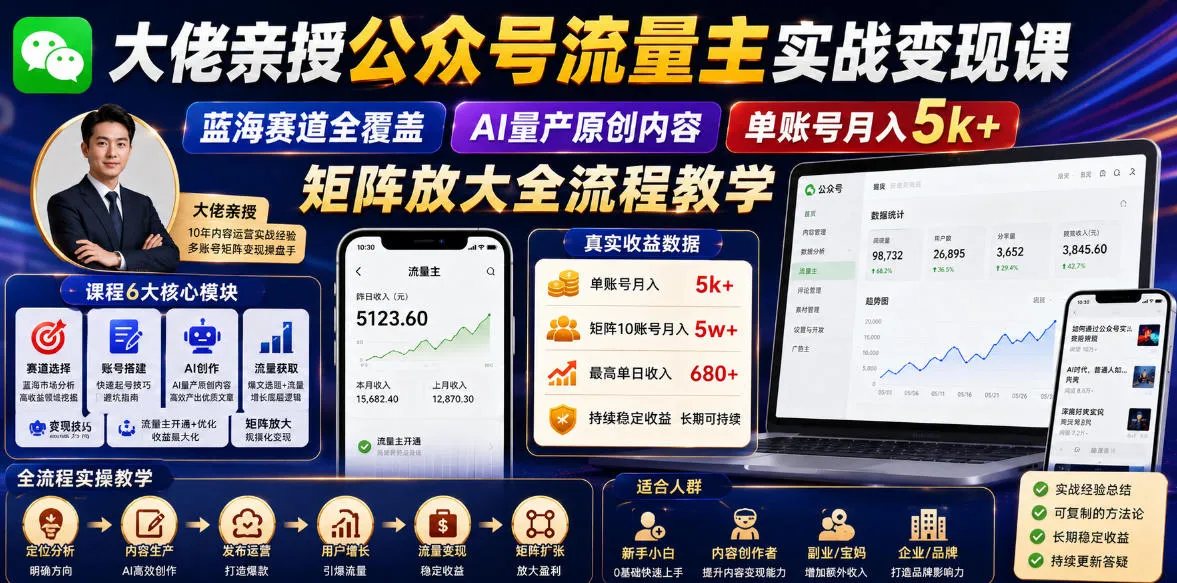 大佬亲授公众号流量主实战变现课,蓝海赛道全覆盖,AI量产原创内容,单账号月入5k+矩阵放大全流程教学-小洋博客-新起点
