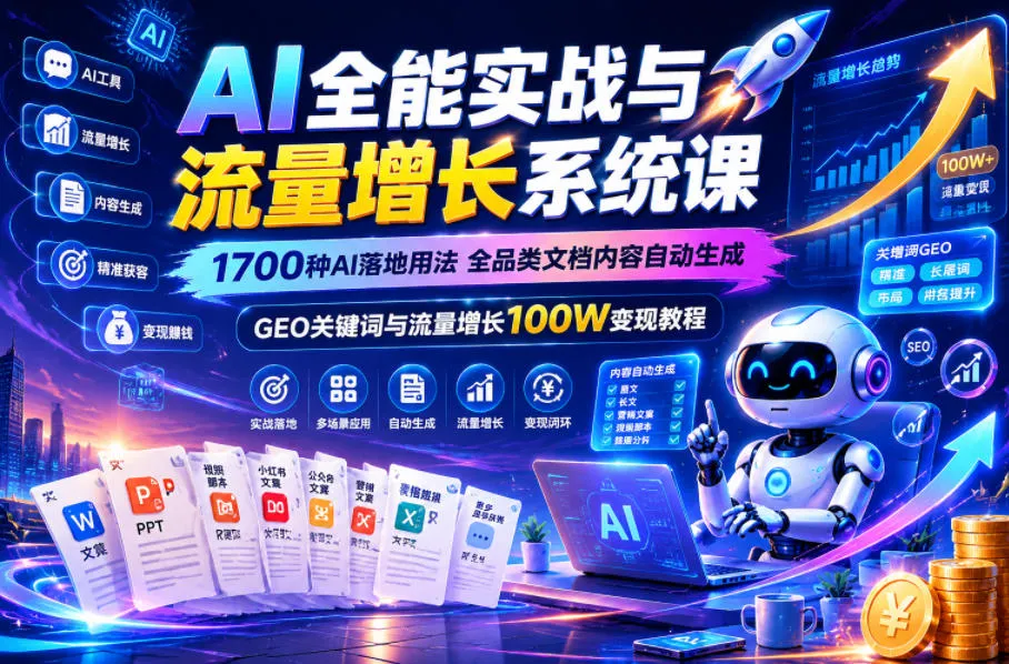 AI全能实战与流量增长系统课,1700种AI落地用法,全品类文档内容自动生成,GEO关键词与流量增长100W变现教程-小洋博客-新起点
