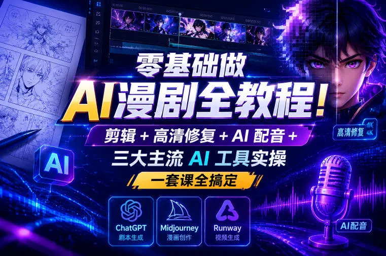 零基础做AI漫剧全教程！剪辑+高清修复+AI配音+三大主流AI工具实操，一套课全搞定-小洋博客-新起点