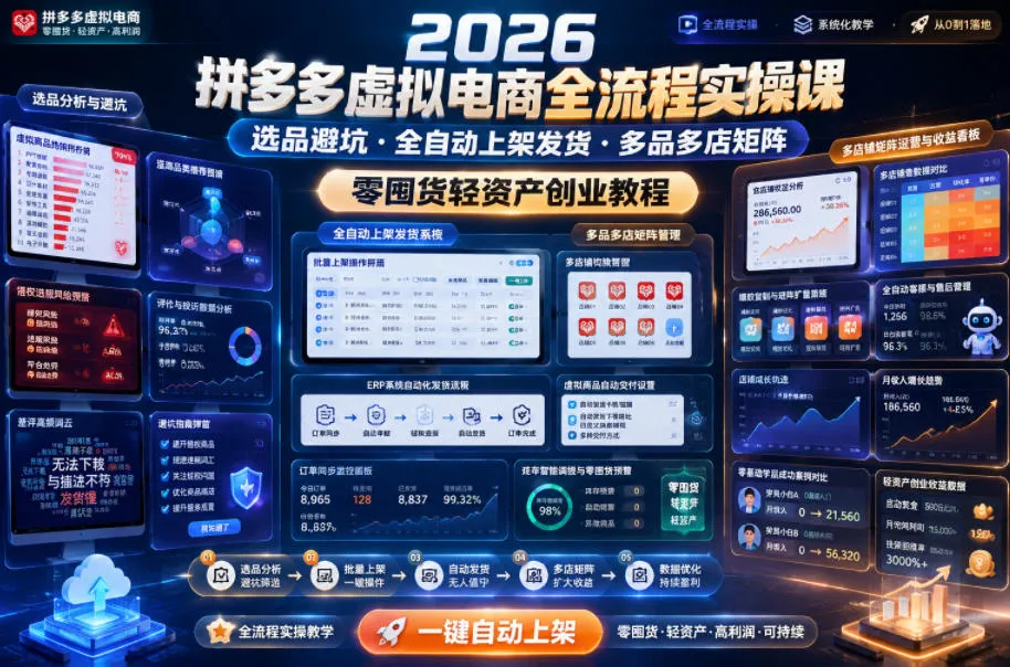 2026拼多多虚拟电商全流程实操课,选品避坑・全自动上架发货・多品多店矩阵,零囤货轻资产创业教程-小洋博客-新起点