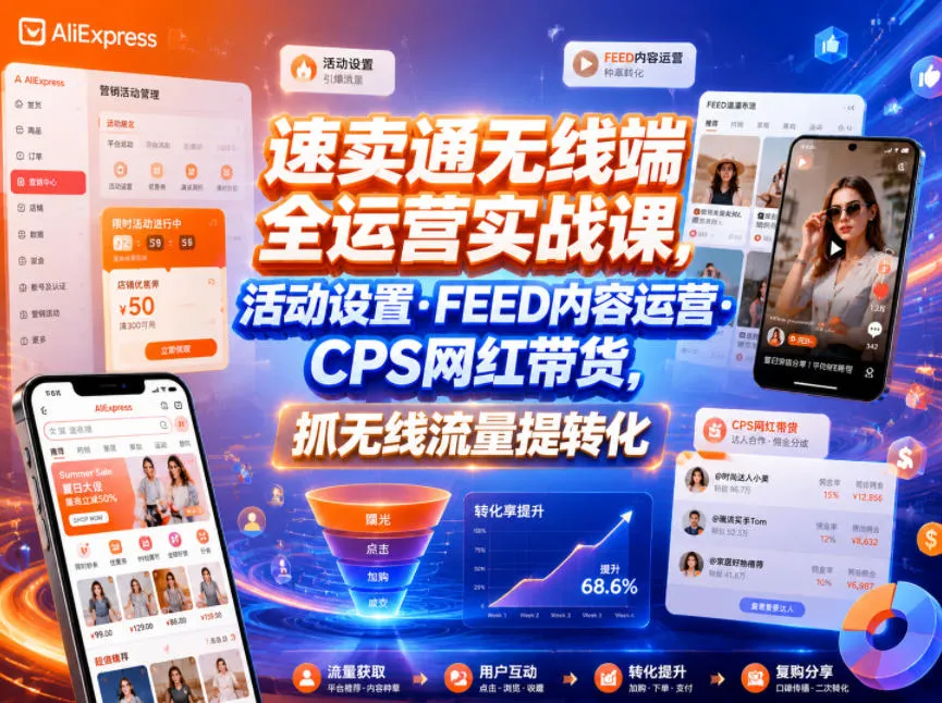 速卖通无线端全运营实战课，活动设置・FEED内容运营・CPS网红带货，抓无线流量提转化-小洋博客-新起点