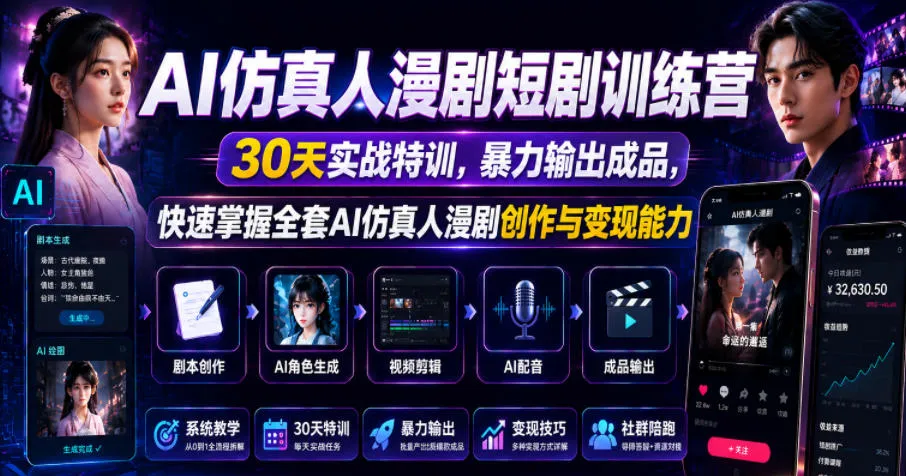 AI仿真人漫剧短剧训练营，30天实战特训，暴力输出成品，快速掌握全套AI仿真人漫剧创作与变现能力-小洋博客-新起点