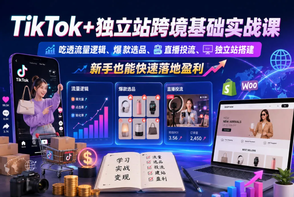 TikTok+独立站跨境基础实战课，吃透流量逻辑、爆款选品、直播投流与独立站搭建，新手也能快速落地盈利-小洋博客-新起点