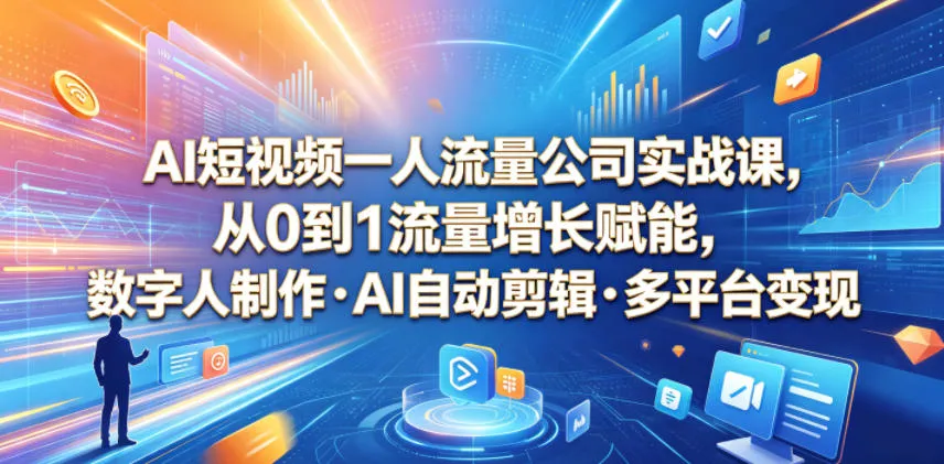 AI短视频一人流量公司实战课，从0到1流量增长赋能，数字人制作・AI自动剪辑・多平台变现，一人做流量生意全落地教程-小洋博客-新起点