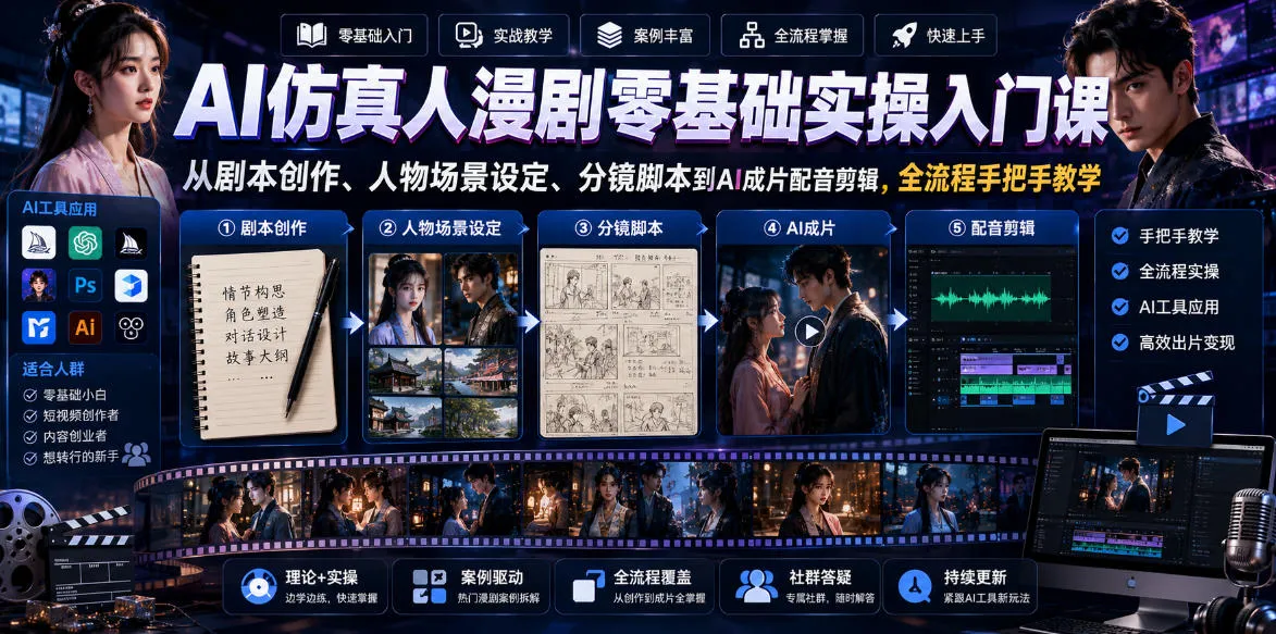 AI仿真人漫剧零基础实操入门课，从剧本创作、人物场景设定、分镜脚本到AI成片配音剪辑，全流程手把手教学-小洋博客-新起点