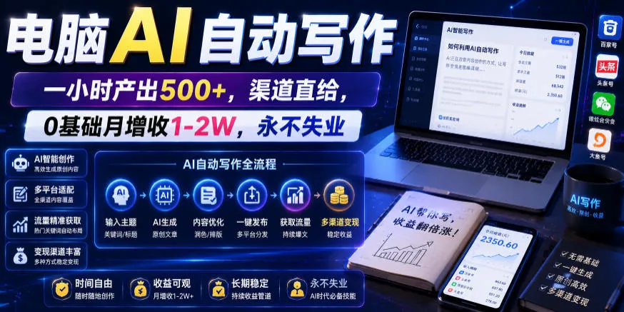 电脑AI自动写作，一小时产出500+，渠道直给，0基础月增收1-2W，永不失业【揭秘】-小洋博客-新起点