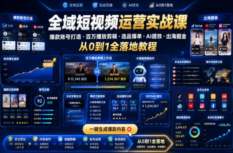 全域短视频运营实战课，爆款账号打造・百万播放剪辑・选品爆单・AI提效・出海掘金，从0到1全落地教程-小洋博客-新起点