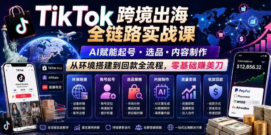 TikTok跨境出海全链路实战课，AI赋能起号・选品・内容制作，从环境搭建到回款全流程，零基础賺美刀-小洋博客-新起点